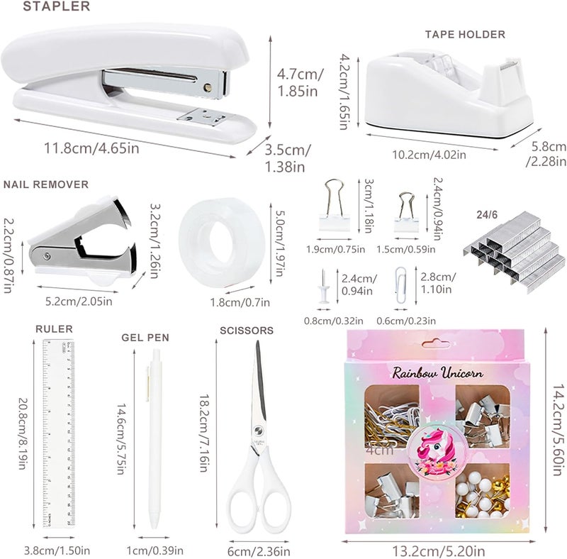 COMFYROOM Desk Accessories with Pen Holder, Office Supplies Desk Organizers and Accessories, Tape Dispenser, Stapler, Staple Remover, Staples, Clips Set, Ruler, Scissor, Pen, Tape (White) - Image 4